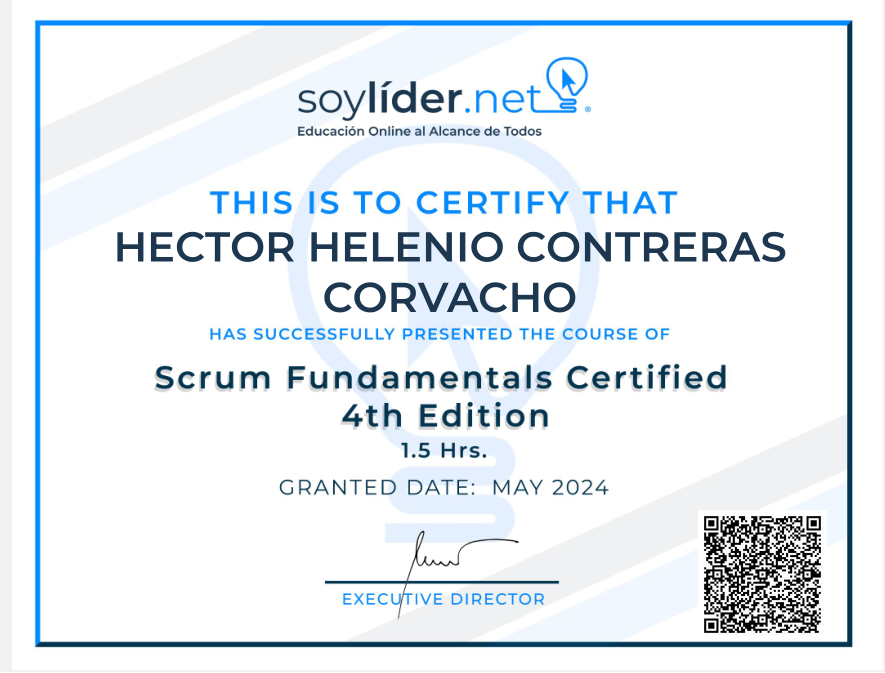 Certificado de presencia en el curso Scrum Fundamentals  Certified 4th Edition